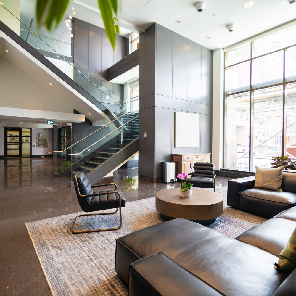 Lobby space at High Park Village apartments in Toronto.